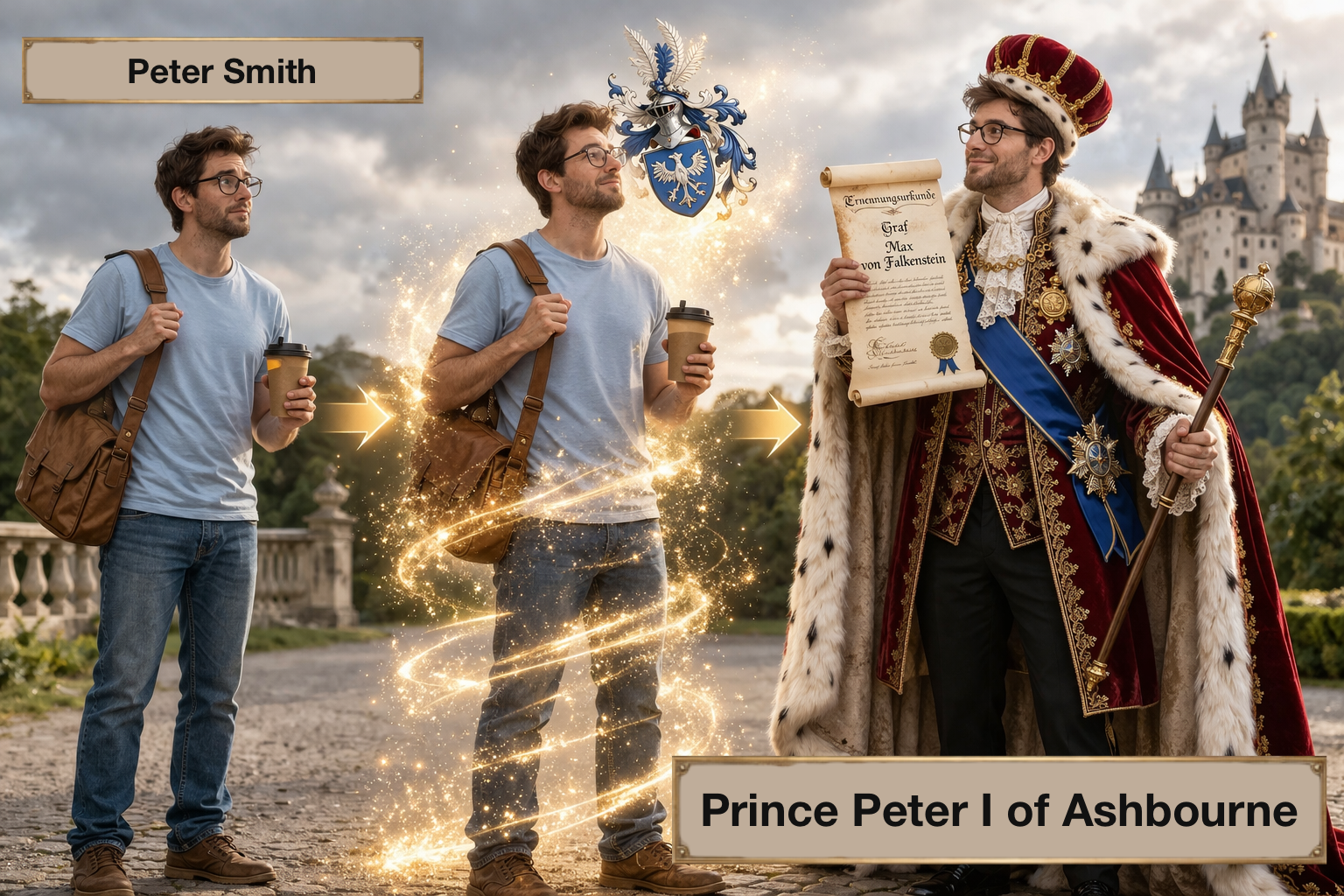 Peter Smith becomes Prince Peter I of Ashbourne with noble title certificate and coat of arms
