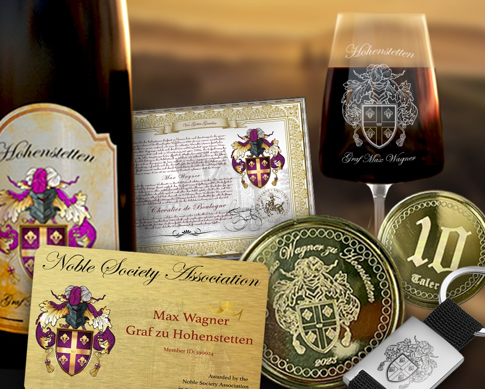 Compre títulos nobiliarios con accesorios personalizados que incluyen certificado, botella de vino con escudo de armas, copa grabada, monedas y artículos con escudo personalizado