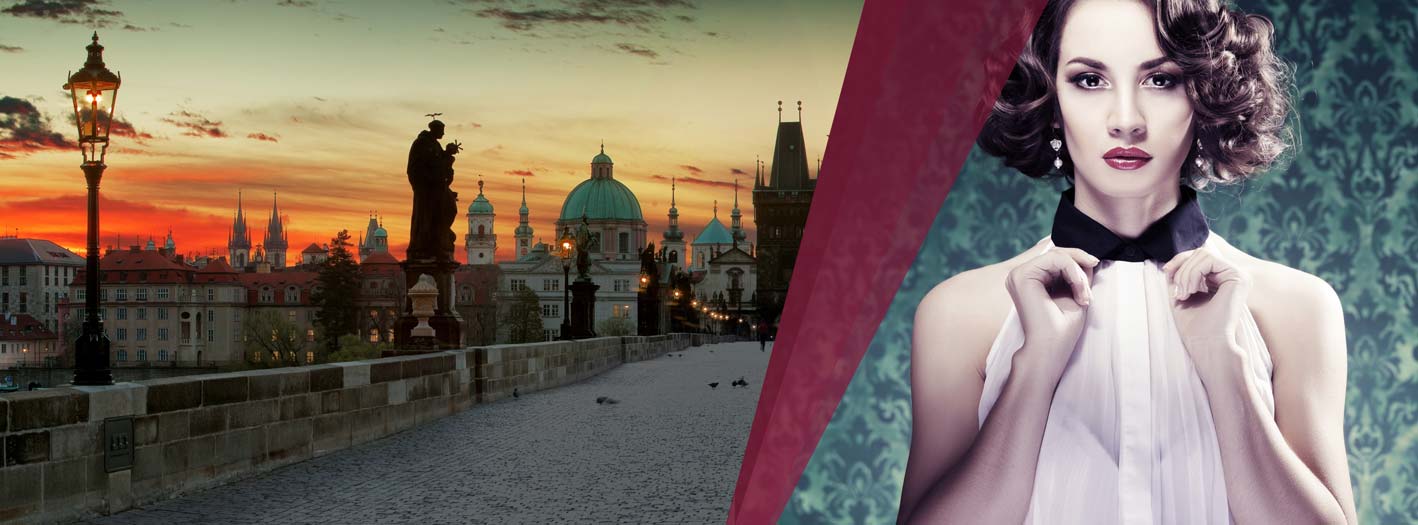 Elegante Damen mit Adelstitel stehen auf einer Steinbrücke vor einer mittelalterlichen Burg, historische aristokratische Szene, Kauf von Adelstiteln als Konzept