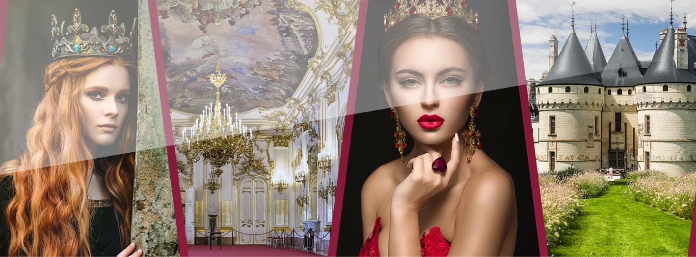 Two countesses wearing crowns in a grand castle ballroom celebration, elegant noble title scene with aristocratic festivity, buy noble title inspiration