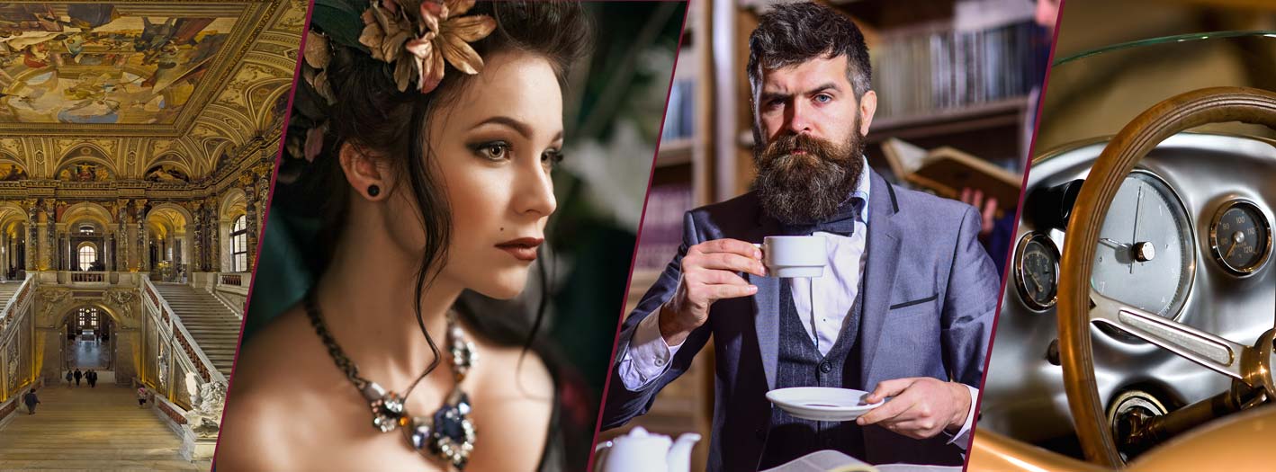 Elegant noble title couple in a grand ballroom, refined woman and man enjoying tea with a vintage classic car outside, aristocratic lifestyle scene, buy noble title inspiration