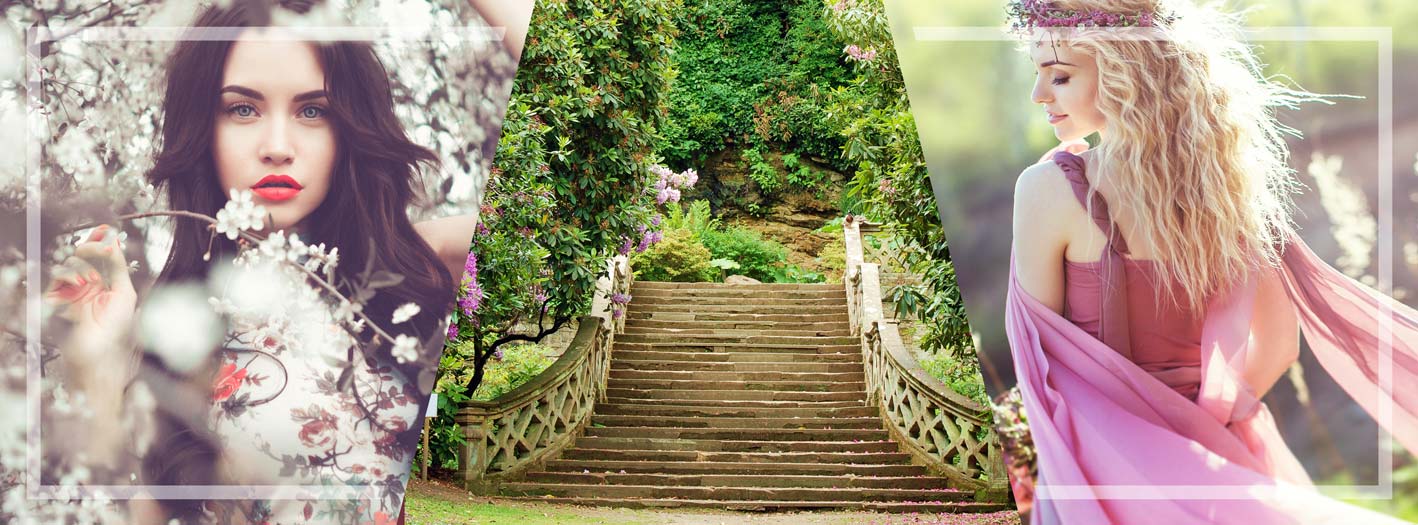 Condesa y duquesa en un puente de madera en un bosque rodeado de flores, escena elegante de título nobiliario en la naturaleza, compra inspiración para títulos nobiliarios