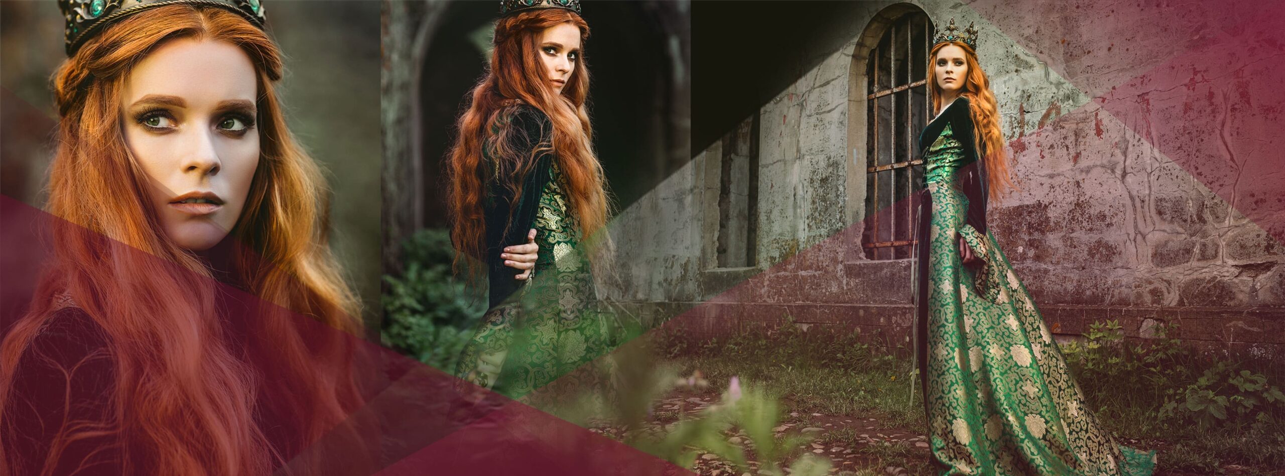 Mujer romántica con vestido verde de pie junto a un castillo, atmósfera de título nobiliario elegante con encanto histórico, comprar inspiración para título nobiliario