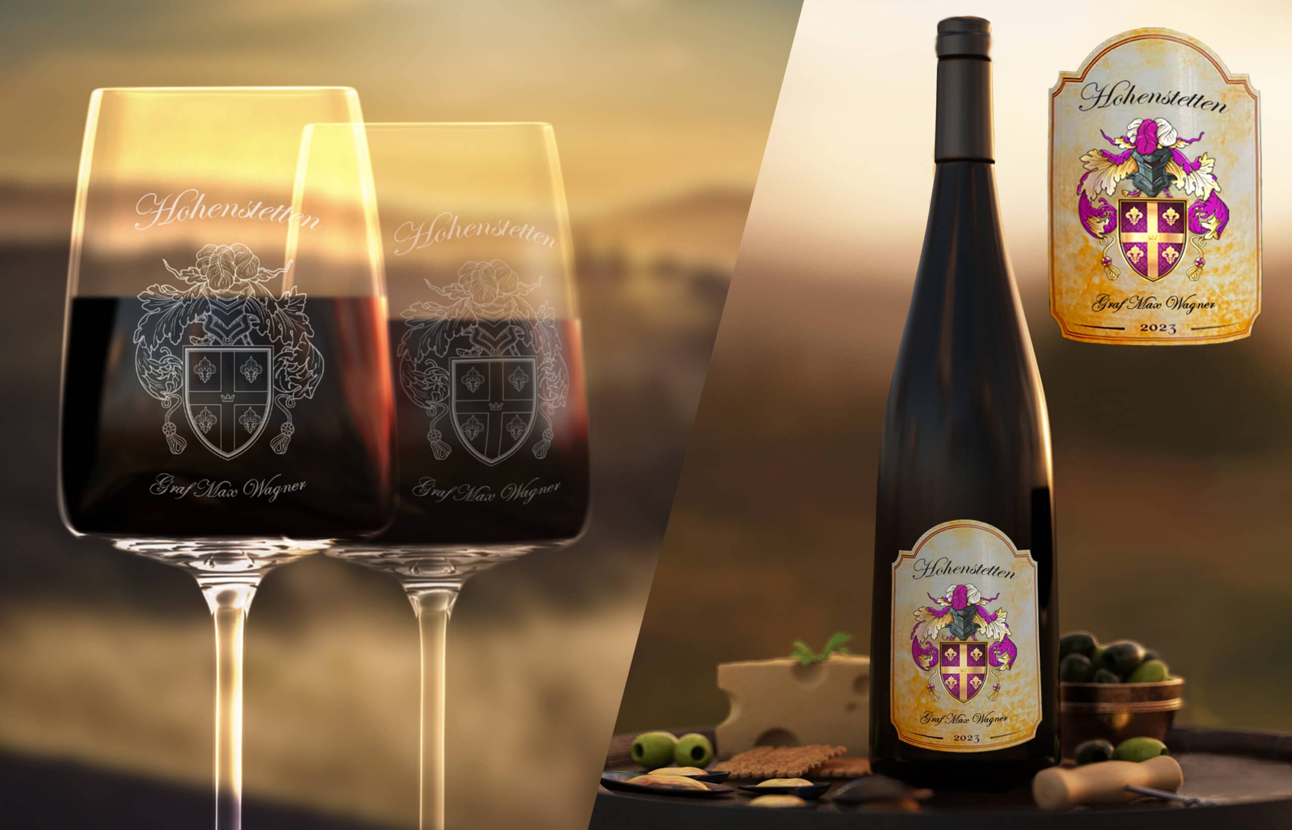 Botellas de vino personalizadas y copas de vino grabadas con nombre, título nobiliario y escudo de armas personalizados